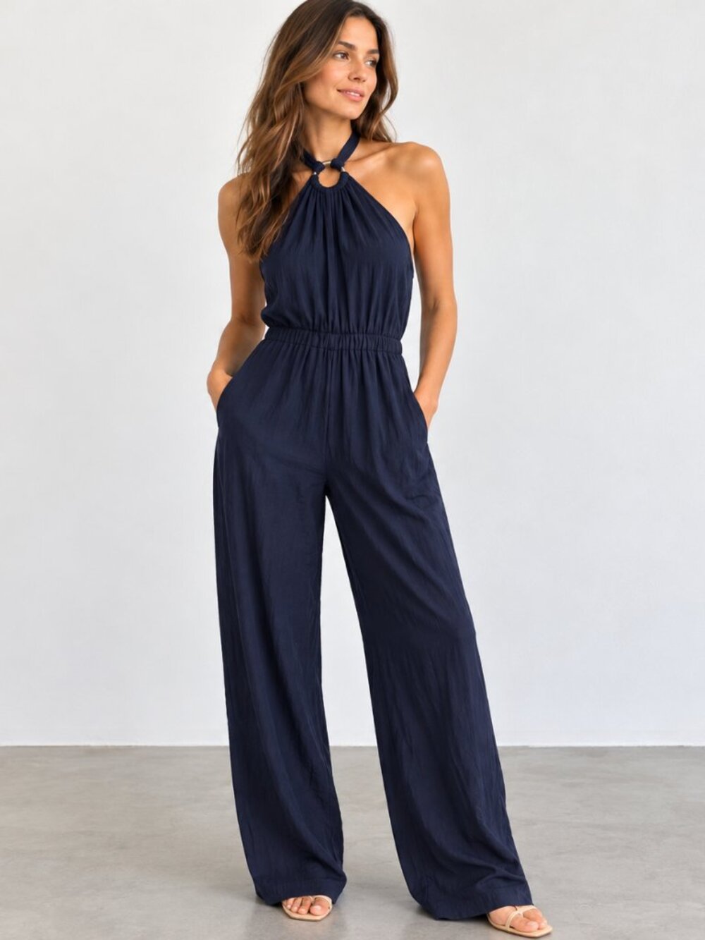 DO+BE Navy Halter Wide Leg Jumpsuit – Size Small